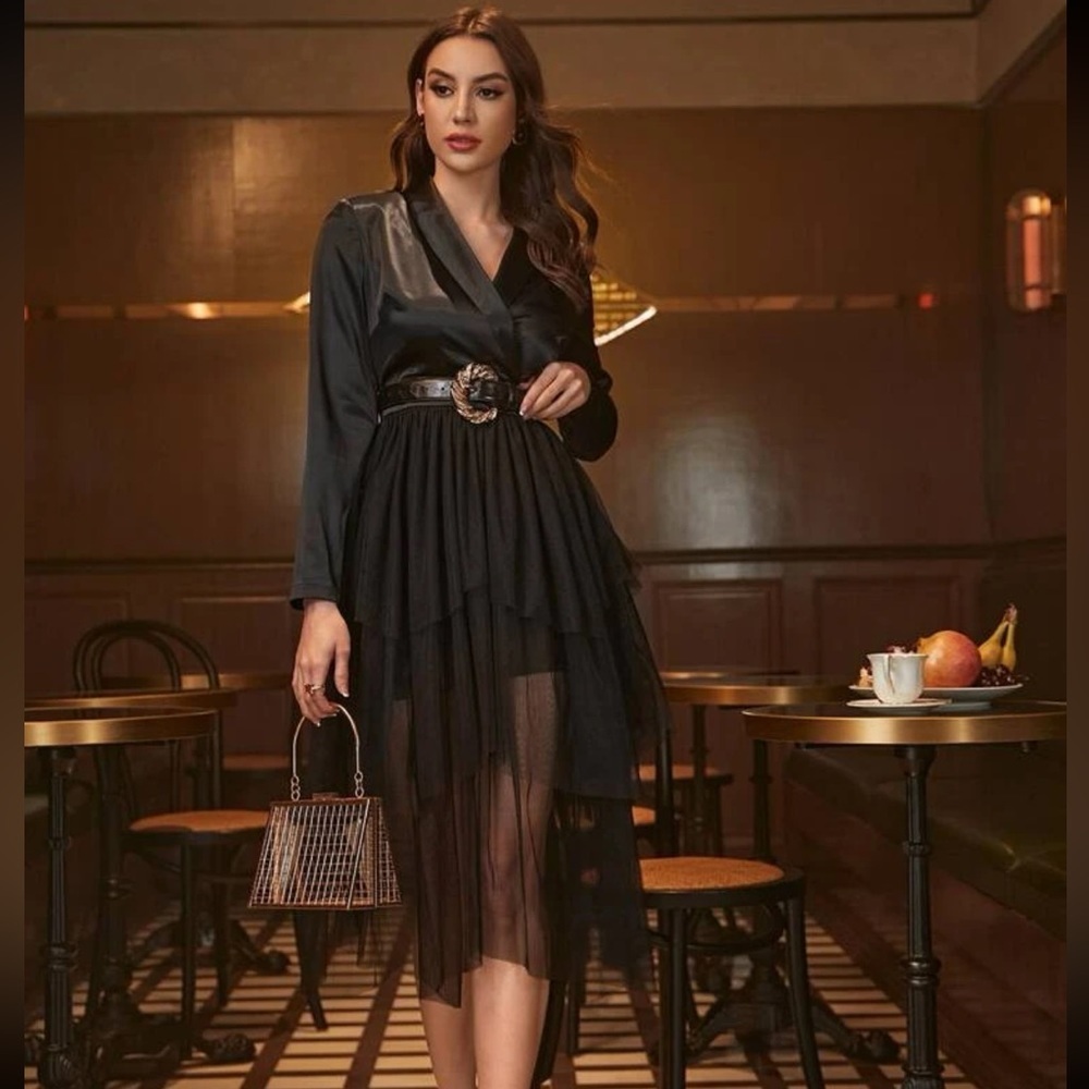 SHEIN x Farah NWT | Black Shawl Collar Mesh Hem Dress. Satin & Tulle🫀😻 s…